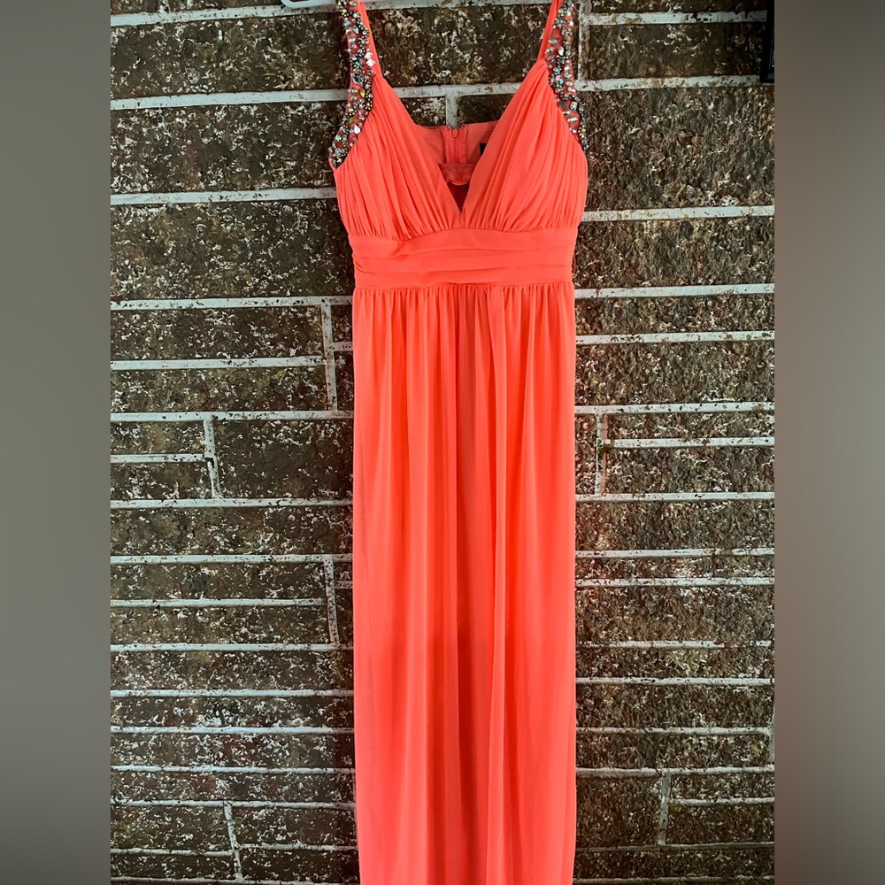 Coral floor length prom dress